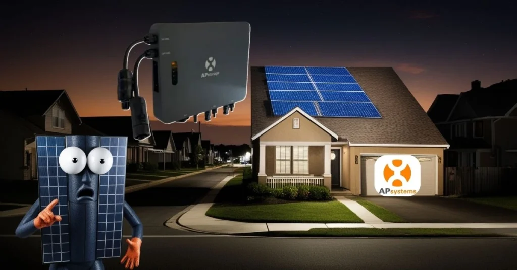 A imagem apresenta uma rua residencial ao anoitecer, destacando uma única casa com luzes acesas, graças aos painéis solares no telhado, ilustrando a eficiência dos micro inversores híbridos da APsystems. Um personagem animado, que parece uma placa solar com olhos e braços, está posicionado ao lado da casa, apontando para ela, enquanto um micro inversor da APsystems flutua acima dele, ilustrando o tema de energia sustentável.