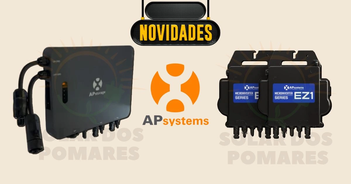 A imagem mostra um microinversor híbrido APsystems à esquerda, com cabos conectados, e dois microinversores APsystems EZ1 à direita, destacados em um fundo neutro. No topo, há um sinal que diz "Novidades", enfatizando a apresentação dos novos modelos. O design moderno dos dispositivos é ideal para sistemas de energia solar.