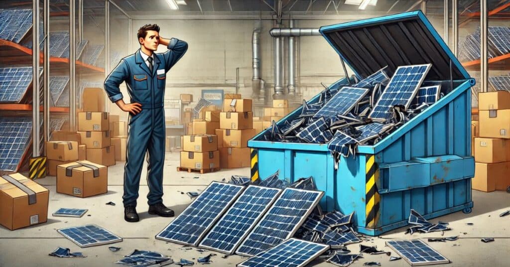 Homem em uniforme observa uma lixeira cheia de placas solares quebradas em uma oficina, simbolizando as falhas e a baixa qualidade das piores placas solares.