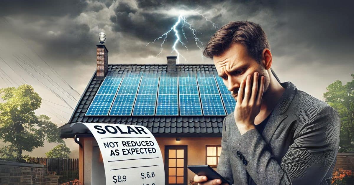 Homem preocupado em frente a uma casa com placas solares no telhado sob céu tempestuoso. Ele segura uma conta de energia que indica "não reduzida conforme esperado", simbolizando frustração com a baixa eficiência das placas solares instaladas.