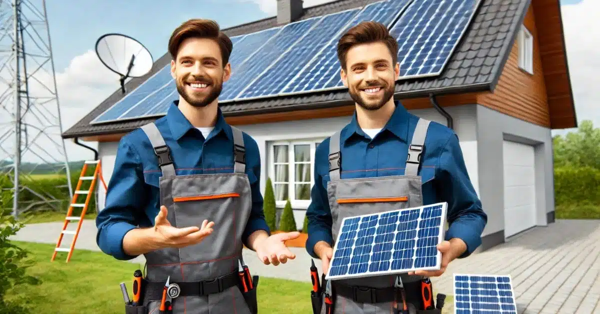 Imagem mostrando dois técnicos sorridentes com uniformes, de pé em frente a uma casa com painéis solares no telhado. Um dos técnicos segura um pequeno painel solar, ilustrando a expertise em marcas de inversores on grid recomendadas por especialistas