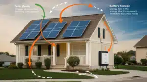 Imagem de uma residência equipada com um sistema híbrido, destacando painéis solares no telhado e uma unidade de armazenamento de bateria externa, com setas indicando o fluxo de energia entre os componentes. Representando o sistema fotovoltaico híbrido como funciona