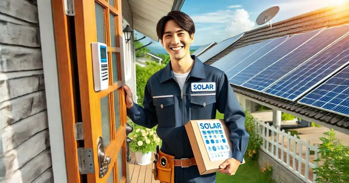 
Imagem de um técnico solar sorridente, vestindo uniforme, de pé em frente a uma casa com placas solares no telhado, segurando uma caixa de equipamentos solares