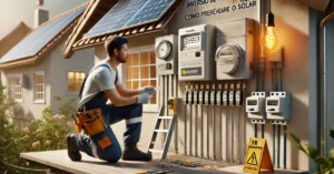 Inversão de Fluxo na CPFL: Como Preparar e Prevenir o Solar, com um técnico inspecionando o sistema solar, focado no painel elétrico e medidor para evitar o fluxo reverso de energia