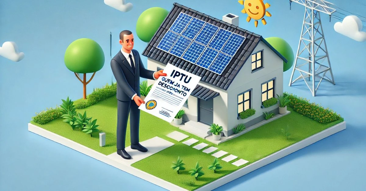 Representação de um homem ao lado de uma casa com painel solar, segurando um documento de desconto de "IPTU Verde" para quem já utiliza energia solar