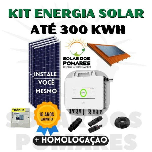 Kit Energia Solar On Grid para geração 300 kWh Mês, com 4 Placas fotovoltaicas e Micro Inversor SAJ 2250w Modelo M2 com Garantia de 15 anos da Empresa Solar dos Pomares