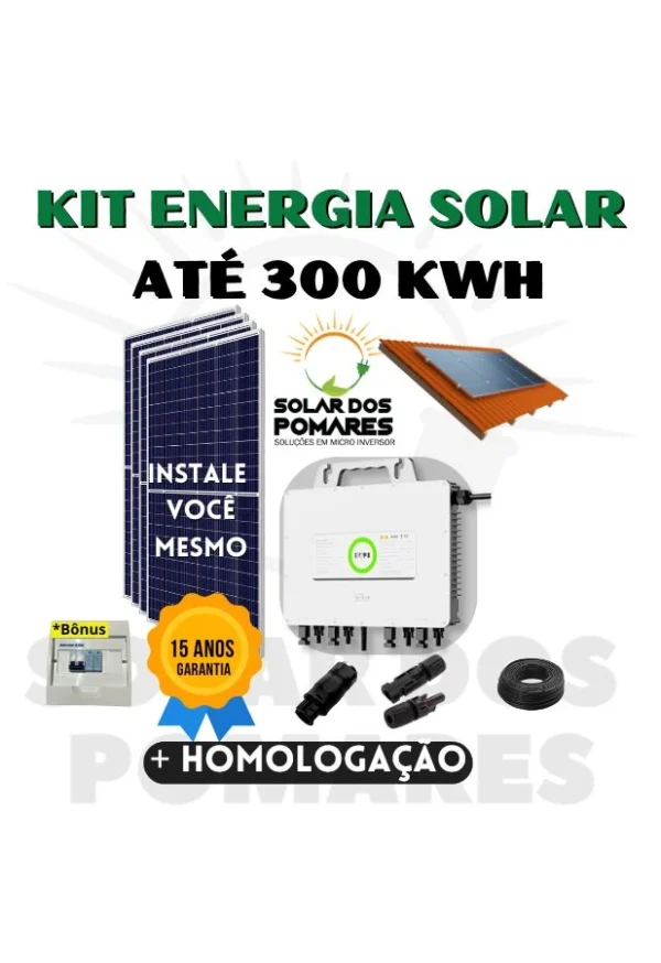 Kit Energia Solar On Grid para geração 300 kWh Mês, com 4 Placas fotovoltaicas e Micro Inversor SAJ 2250w Modelo M2 com Garantia de 15 anos da Empresa Solar dos Pomares