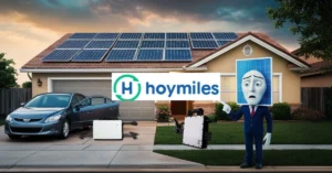 Um painel solar antropomorfizado observa com preocupação enquanto um micro inversor da marca Hoymiles é destacado em frente a uma casa com telhado solar