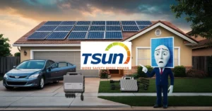 Um painel solar com expressão preocupada indica um micro inversor TSUN em frente a uma residência com sistema solar instalado no telhado