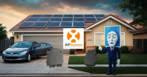 casa suburbana com um telhado coberto por painéis solares e um carro na garagem. Ao lado da casa, um personagem antropomorfizado em forma de painel solar, vestindo terno, expressa preocupação e aponta para a casa. Logotipos da marca Apsystems são visíveis em micro inversores no chão, associando-se à pergunta micro inversor Apsystems é bom?