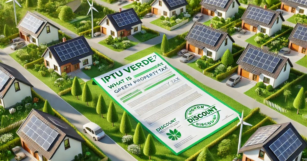 Vista de um bairro sustentável com várias casas usando energia solar e um formulário de "IPTU Verde" destacando descontos para quem investe em energia limpa