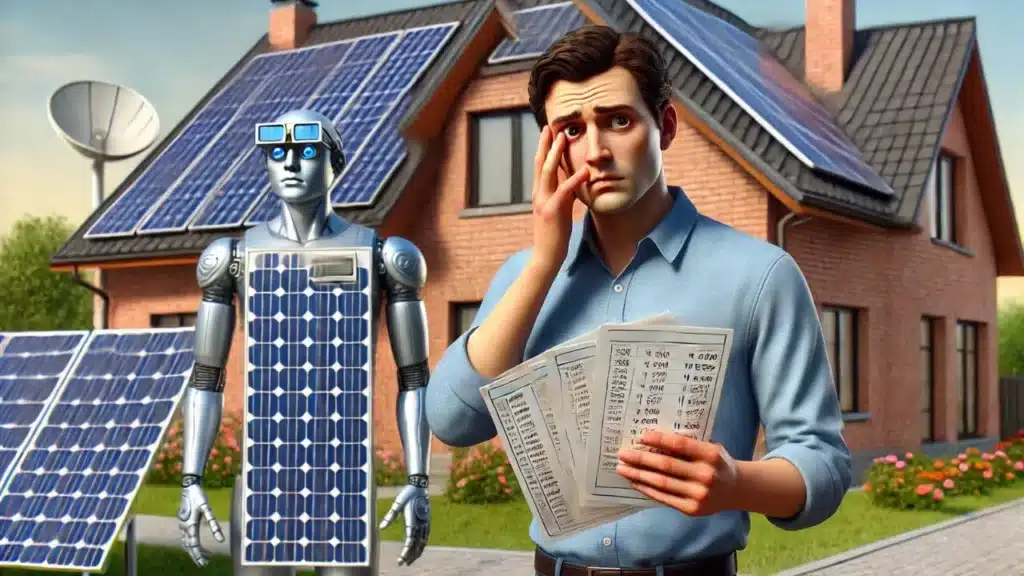 Quantas Placas Solares para Gerar 200 kWh? Uma Homem a frente de uma casa demonstra preocupação com o dimensionamento correto para sua necessidade