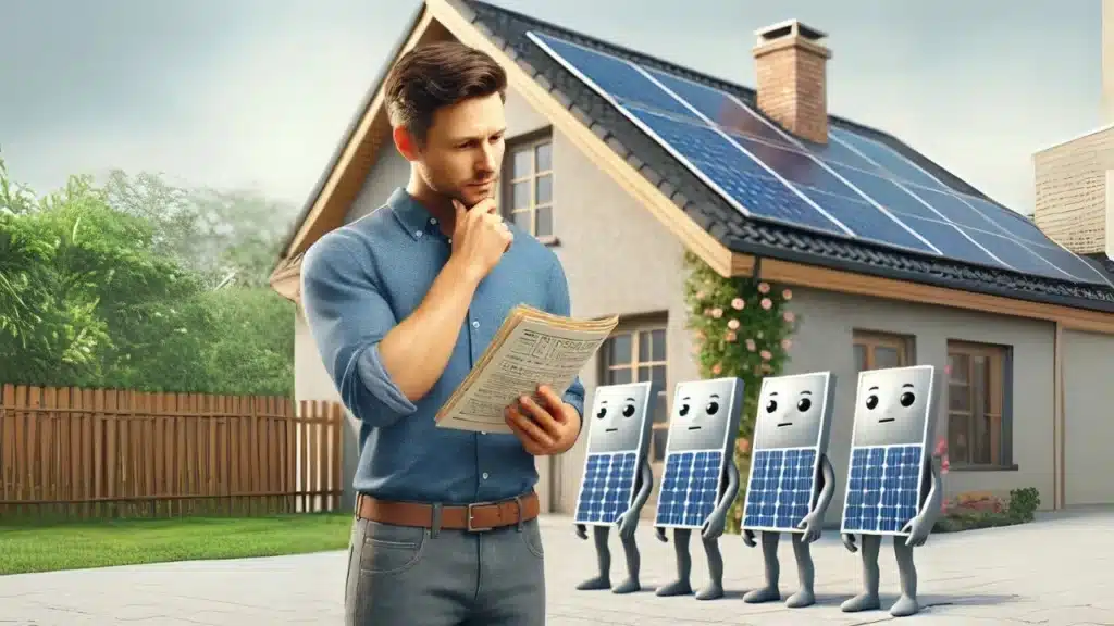 Quantas Placas Solares para Gerar 300 kWh? Uma Homem a frente de uma casa demonstra preocupação com o dimensionamento correto para sua necessidade