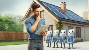 Quantas Placas Solares para Gerar 300 kWh? Uma Homem a frente de uma casa demonstra preocupação com o dimensionamento correto para sua necessidade