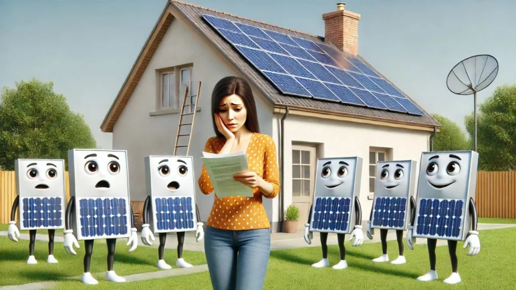 Quantas Placas Solares para Gerar 500 kWh? Uma mulher a frente de uma casa demonstra preocupação com o dimensionamento correto para sua necessidade