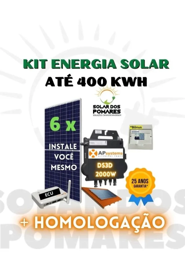 Kit Energia Solar On Grid para geração 400 kWh Mês, com 6 Placas fotovoltaicas e Micro Inversor APsystems DS3D 2000w com Garantia de 25 anos da Empresa Solar dos Pomares