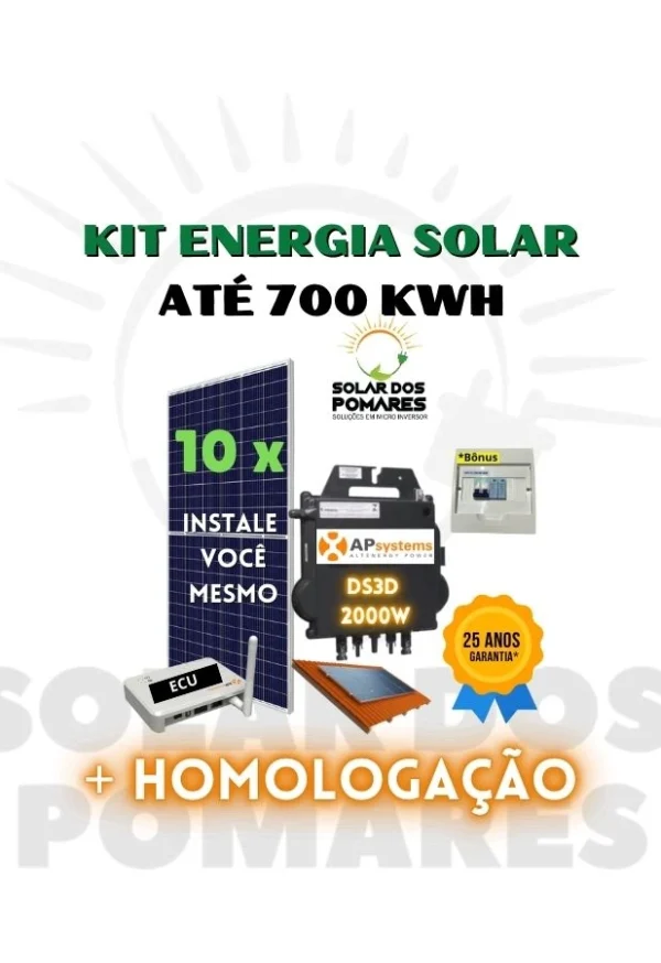 Kit Energia Solar On Grid para geração 700 kWh Mês, com 10 Placas fotovoltaicas e Micro Inversor APsystems DS3D 2000w com Garantia de 25 anos da Empresa Solar dos Pomares