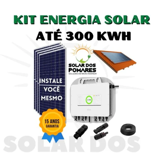 Kit Energia Solar On Grid para geração 300 kWh Mês, com 4 Placas fotovoltaicas e Micro Inversor SAJ 2250w Modelo M2 com Garantia de 15 anos da Empresa Solar dos Pomares