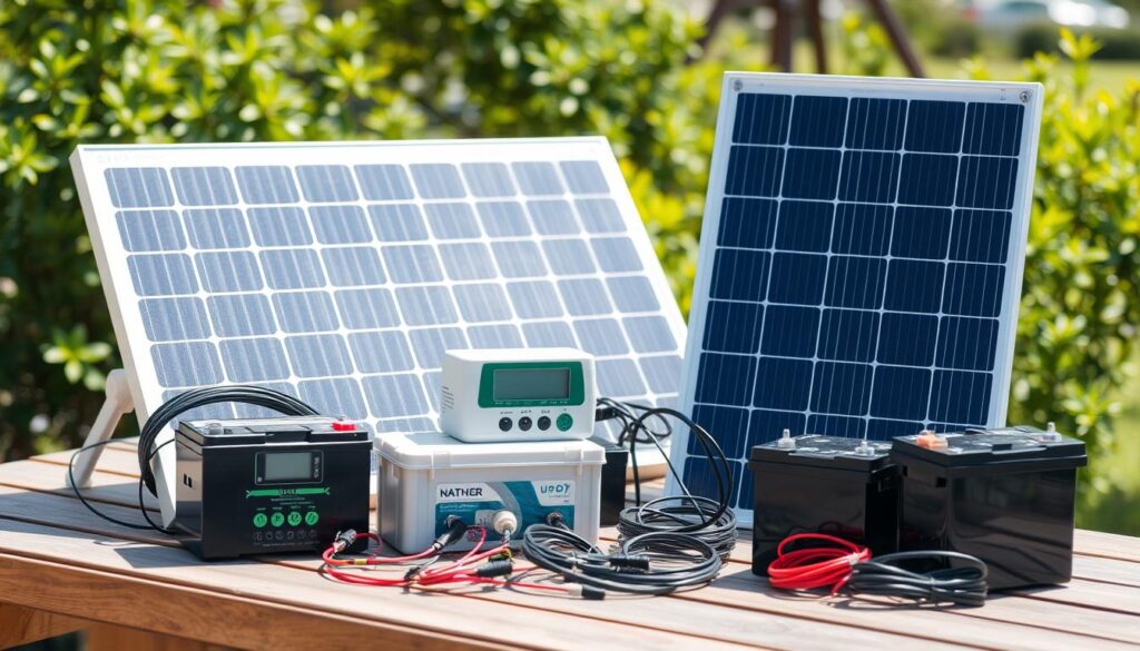 Componentes do Kit Energia Solar. Um kit de energia solar sobre uma mesa ao ar livre, com painéis solares, baterias, controladores de carga e cabos conectores, representando um sistema compacto de geração e armazenamento de energia sustentável