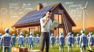 Quantas Placas Geram 1500 kWh. Uma Homem a frente de uma casa demonstra preocupação com o dimensionamento correto para sua necessidade