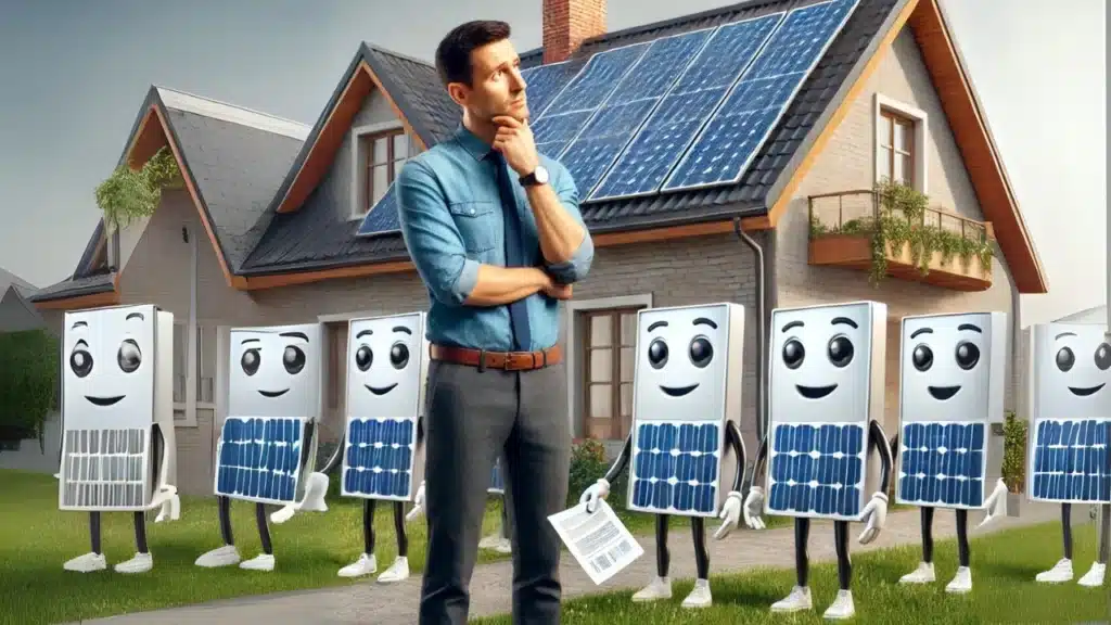 Quantas Placas Geram 900 kWh? Uma Homem a frente de uma casa demonstra preocupação com o dimensionamento correto para sua necessidade