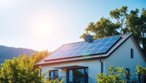 valorização do imóvel com energia solar. Uma Residência com painéis solares instalados no telhado, diferenciando com valor de mercado