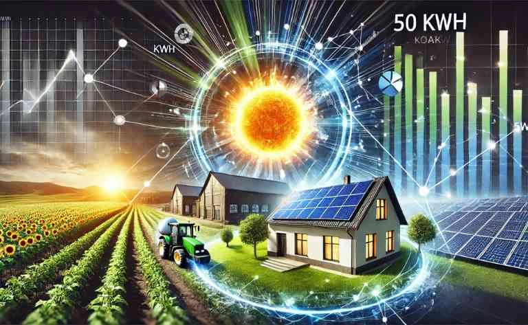 Um campo agrícola sendo irrigado, um prédio comercial iluminado e uma casa com painéis solares no telhado. Ao fundo, gráficos mostrando números de produção de energia em kWh. O sol é centralizado como fonte de energia, com raios simulando a geração de energia.