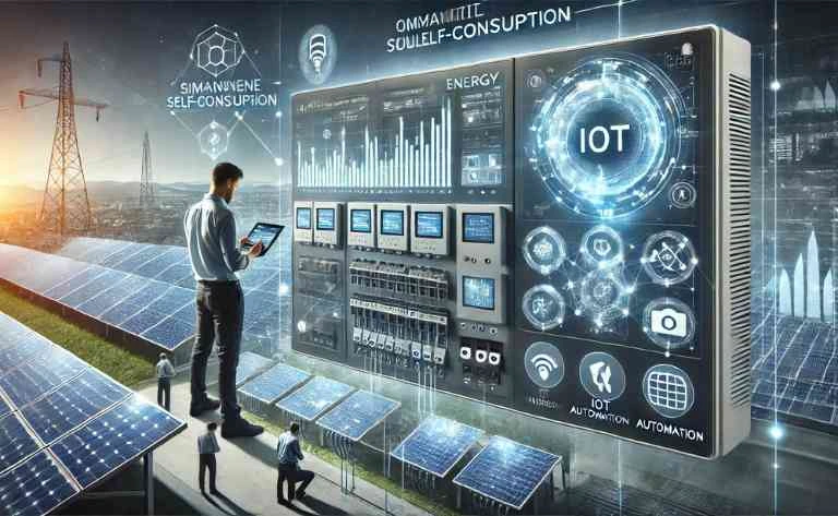 Um painel de controle inteligente conectado a um sistema de energia solar, exibindo dados em tempo real sobre consumo e geração de energia. No fundo, técnicos monitoram o sistema via tablet e gráficos projetados em uma tela. Ícones de IoT (Internet das Coisas) e automação reforçam o uso de ferramentas avançadas para otimizar o autoconsumo simultâneo.