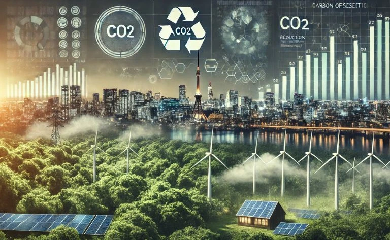 Benefícios da Compensação de Carbono – Mostra uma transição de uma cidade para uma floresta com turbinas e painéis solares, gráficos de redução de CO2 e ícones de biodiversidade, simbolizando os impactos positivos da sustentabilidade e da mitigação climática.