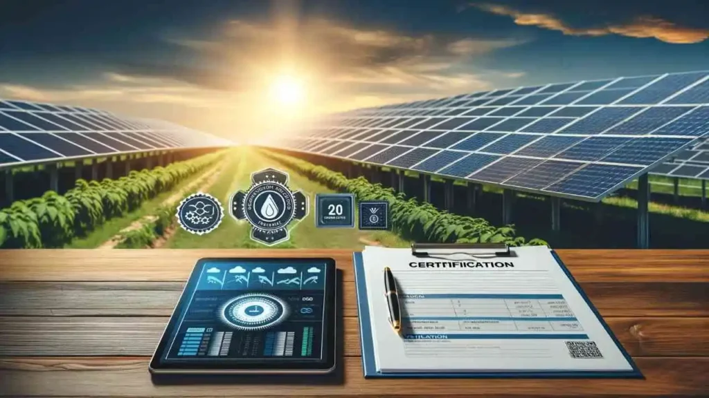 Uma mesa com documentos de certificação ao lado de um tablet exibindo dados de geração de energia. Ao fundo, uma grande fazenda solar com painéis refletindo a luz do sol, e ícones de validação como um selo de aprovação e um medidor de emissões.