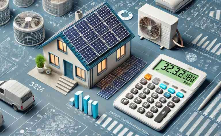 Apresenta uma calculadora digital, gráficos de consumo energético, e o plano de uma casa com painéis solares no telhado, ilustrando a análise para dimensionamento.