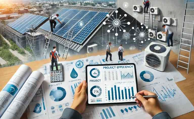 Uma mesa de trabalho com plantas de projeto, gráficos financeiros e um tablet exibindo dados sobre painéis solares e consumo de energia. No fundo, técnicos instalando placas solares em um telhado. Ícones de sustentabilidade e eficiência energética reforçam a ideia de planejamento e execução do projeto