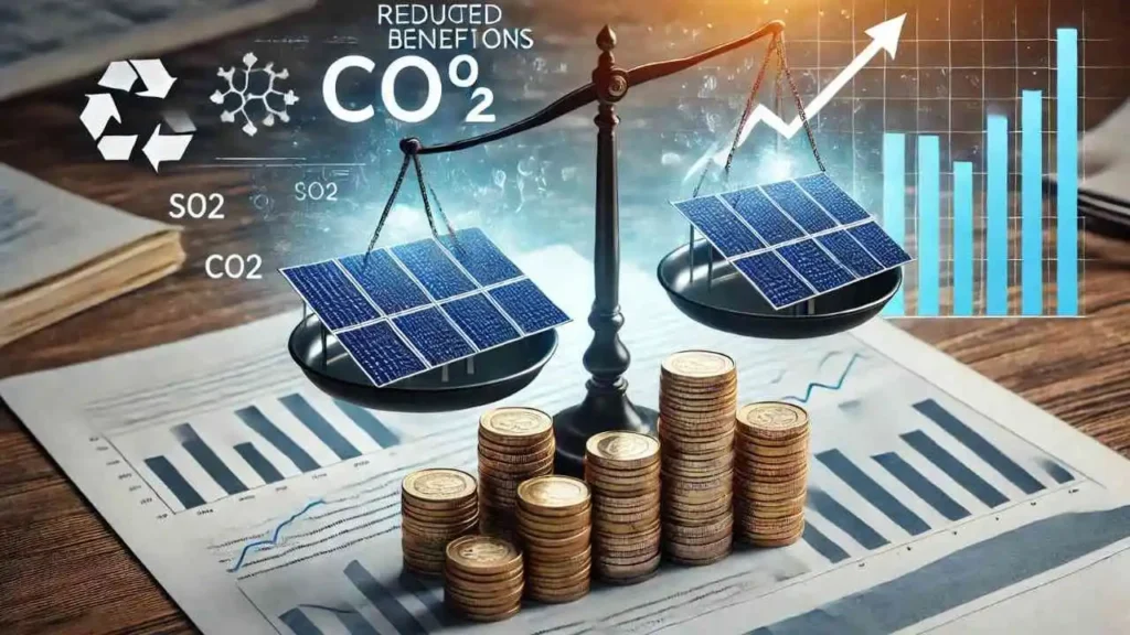 Como Energia Solar Gera Crédito de Carbono. Um equilíbrio entre painéis solares e moedas empilhadas, com ícones de CO2 riscado, simbolizando a redução de emissões. No fundo, aparecem gráficos financeiros crescentes e legalizações, representando a integração do mercado de carbono com projetos de energia solar.