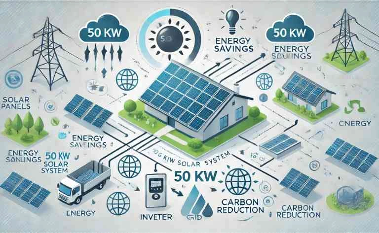 Um diagrama visualizado de painéis solares captando energia, com setas direcionando a eletricidade para inversores e, depois, para um medidor conectado à rede elétrica. Ícones de sustentabilidade, economia de energia e redução de emissões de carbono aparecem ao redor, enfatizando os benefícios.