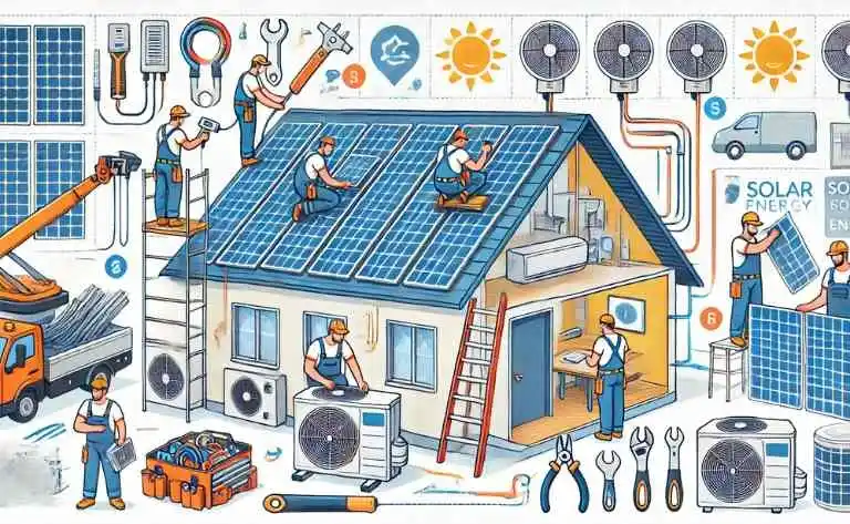 Como Instalar Painel Solar Para Ar Condicionado. Exibe técnicos instalando painéis solares em um telhado, conectando cabos a um inversor, com ferramentas e ícones de segurança ao fundo. Mostra a integração entre o sistema solar e o ar-condicionado.