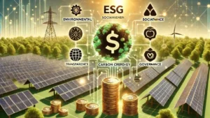 Como Vender Crédito de Carbono Energia Solar– Painéis solares ao lado de pilhas de moedas, destacados por ícones de ESG (Ambiental, Social e Governança) e elementos de blockchain, simbolizando transparência, monetização e sustentabilidade.