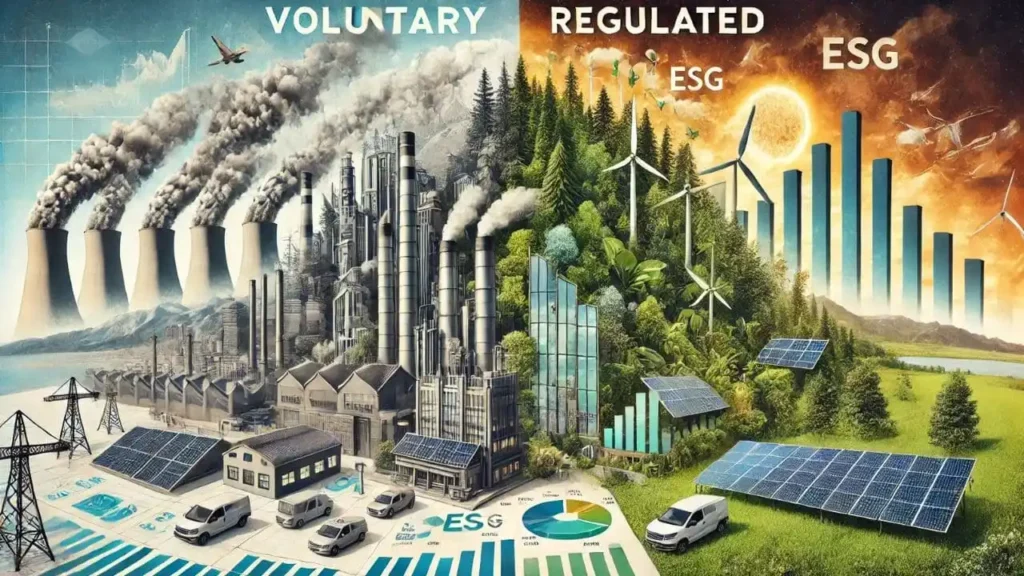 Comparação entre Mercados Voluntário e Regulado – O lado esquerdo da imagem ilustra emissões industriais e infraestrutura regulada, enquanto o lado direito apresenta projetos de energia limpa, florestas verdes, e gráficos de crescimento econômico associados ao mercado voluntário