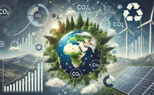 Compensação de Carbono Como Funciona – Destaca um globo cercado por florestas, turbinas eólicas e painéis solares, com gráficos e ícones de CO2 mostrando o processo de neutralização de emissões e benefícios econômicos e ambientais.