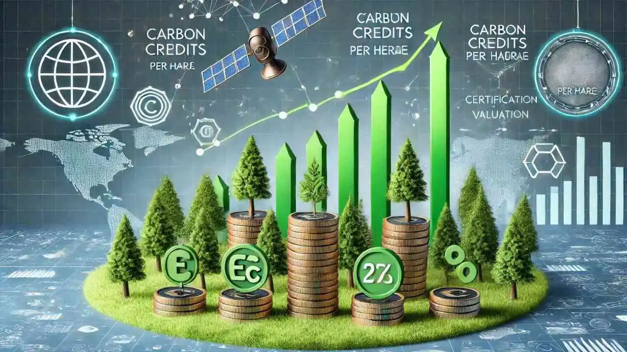 Crédito de Carbono Valor por Hectare – Destaca florestas verdes sobre pilhas de moedas e gráficos financeiros ascendentes, simbolizando crescimento econômico e sustentabilidade. Inclui satélites e ícones de certificação para monitoramento e validação de projetos.