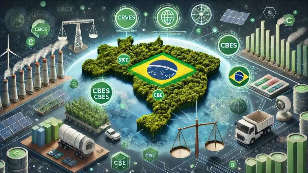 Mostra um mapa do Brasil coberto por floresta, integrado a elementos do SBCE como CBEs e CRVEs, cercado por projetos sustentáveis como reflorestamento e energia solar, destacando governança e inovação climática representando mercado de crédito de carbono como funciona no Brasil