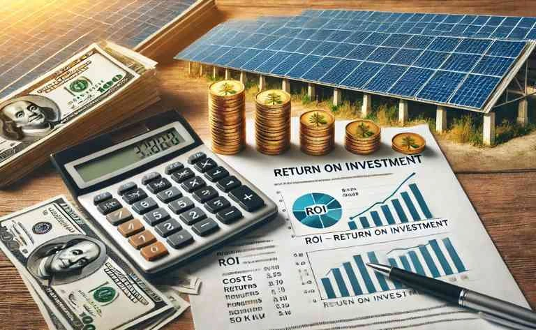 Uma mesa com uma calculadora, contratos de financiamento e pilhas de moedas em destaque. Ao fundo, painéis solares instalados em uma propriedade rural e um gráfico de retorno sobre investimento (ROI) subindo, mostrando o tempo de recuperação do investimento.