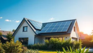 Casa moderna com telhado inclinado equipado com painéis solares sob céu azul, destacando sustentabilidade e eficiência energética como um investimento promissor em 2025. Representando a Energia Solar Vale a Pena em 2025