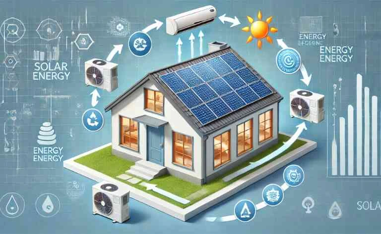 Mostra uma casa com painéis solares no telhado, com setas ilustrando o fluxo de energia para alimentar um ar-condicionado. O fundo destaca ícones de sustentabilidade e eficiência energética.