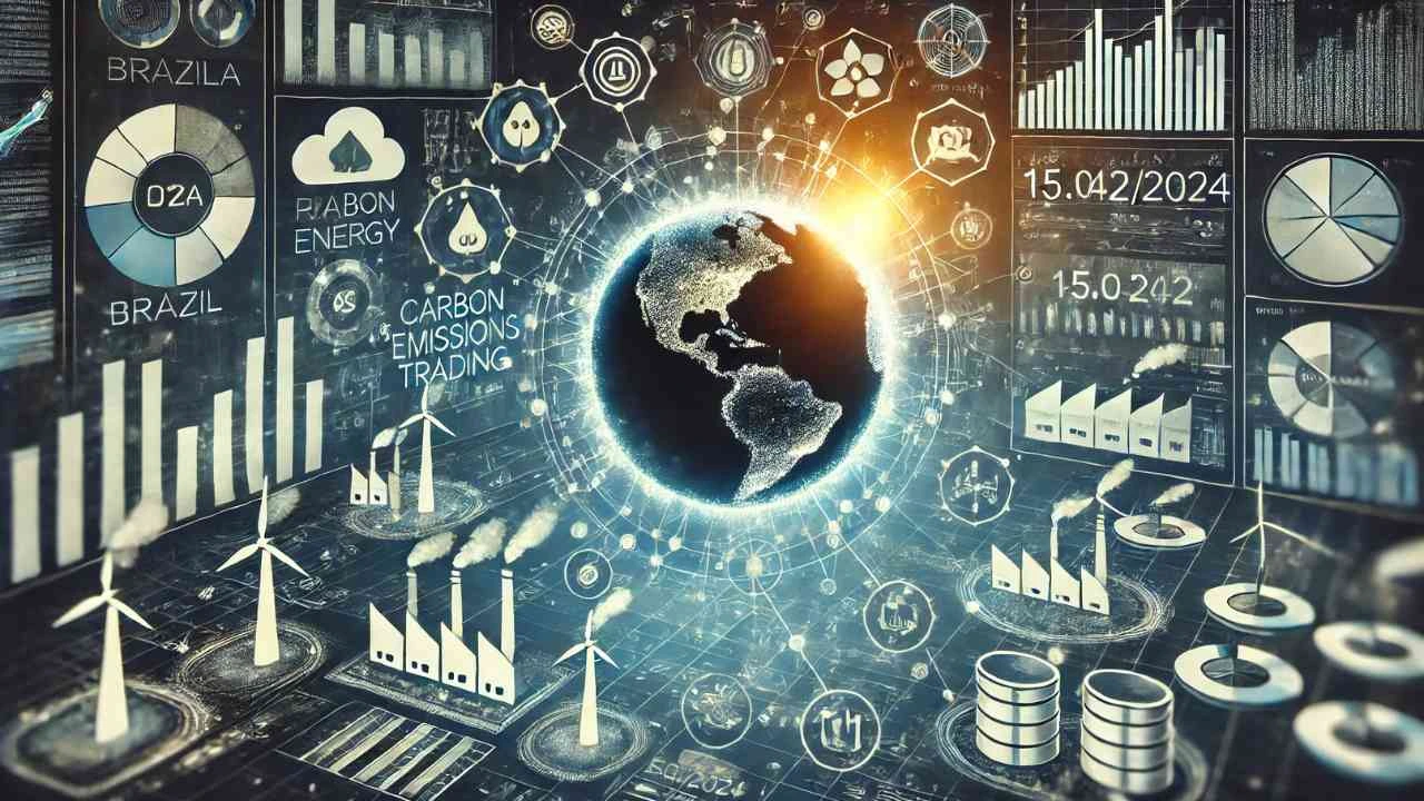 Imagem abstrata destacando a Estrutura e Governança do SBCE, com um globo central conectado por nós digitais a turbinas eólicas, fábricas e gráficos, simbolizando o mercado de carbono, sustentabilidade e governança climática no Brasil sob a Lei 15.042/2024.