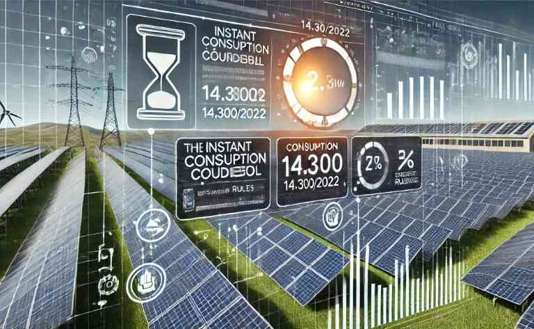 Uma cena mostrando uma usina solar com fileiras de painéis e uma tela digital destacando as regras da Lei 14.300/2022. No gráfico, há setas e números representando o consumo simultâneo e a compensação de energia. Ícones de legislação e sustentabilidade reforçam a conexão entre as regras e o uso eficiente de energia solar.