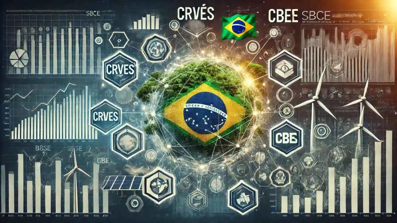 Mercado de Carbono Brasileiro – Ilustra a interconexão digital do mercado de carbono no Brasil, com a bandeira brasileira integrada ao tema, gráficos de redução de emissões, turbinas eólicas e ícones de sustentabilidade, representando o impacto do SBCE no mercado ambiental.