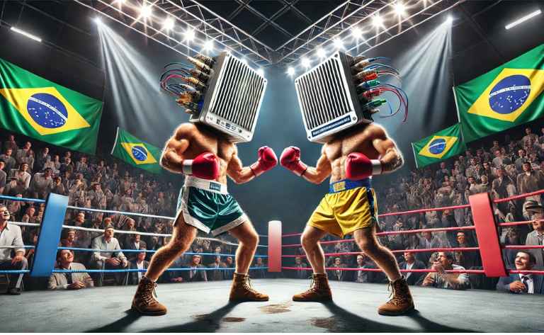 Cena de luta em um ringue de boxe com dois competidores usando cabeças estilizadas como microinversor e inversor string. Ambos aparentam força e determinação, enquanto o público torce acaloradamente com bandeiras do Brasil, simbolizando a disputa tecnológica e a pergunta: Qual Escolher Microinversor vs Inversor.