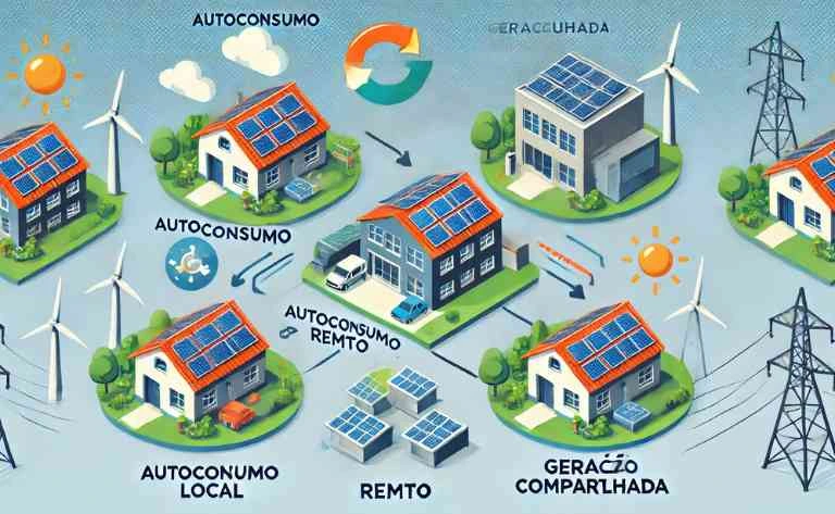 A imagem apresenta três exemplos de modalidades:

Autoconsumo Local: Mostra uma casa com painéis solares conectados diretamente à rede, destacando a independência energética.
Autoconsumo Remoto: Exibe uma fazenda solar gerando energia para um prédio localizado em outra área.
Geração Compartilhada: Mostra uma cooperativa com painéis solares compartilhando energia entre vários consumidores.
Gráficos e setas indicam o fluxo de energia entre as diferentes modalidades, enquanto o cenário geral reflete sustentabilidade e modernidade.