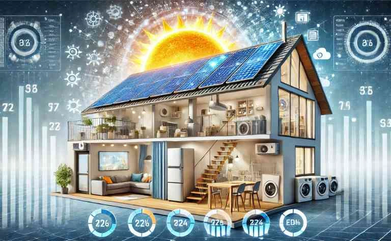 O Que é Fator de Simultaneidade Energia Solar? Uma composição visual de uma casa moderna com painéis solares no telhado, enquanto eletrodomésticos dentro da casa (como geladeira, ar-condicionado e iluminação) estão ligados simultaneamente. Gráficos de consumo instantâneo aparecem no canto, mostrando como a energia solar é utilizada em tempo real. No fundo, um céu limpo e sol brilhante simbolizam energia limpa.