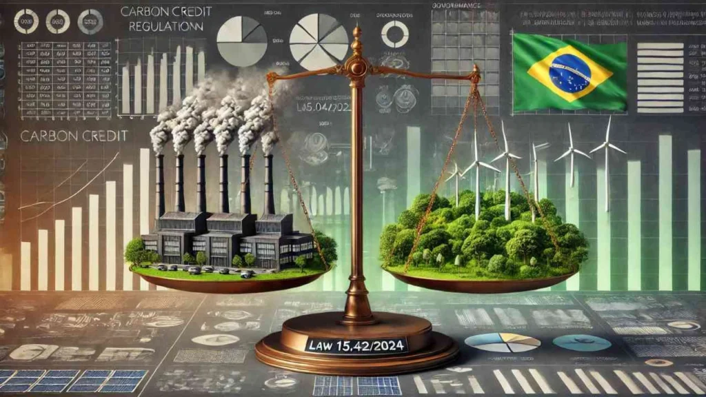 A imagem representa o que é a Lei 15.042, destacando o equilíbrio entre emissões industriais e sustentabilidade. No centro, uma balança simboliza o mercado de carbono, com um lado exibindo fábricas emitindo fumaça e o outro lado mostrando uma floresta verde com turbinas eólicas. Gráficos, dados e a bandeira do Brasil ao fundo reforçam governança climática e o compromisso com práticas sustentáveis e econômicas.